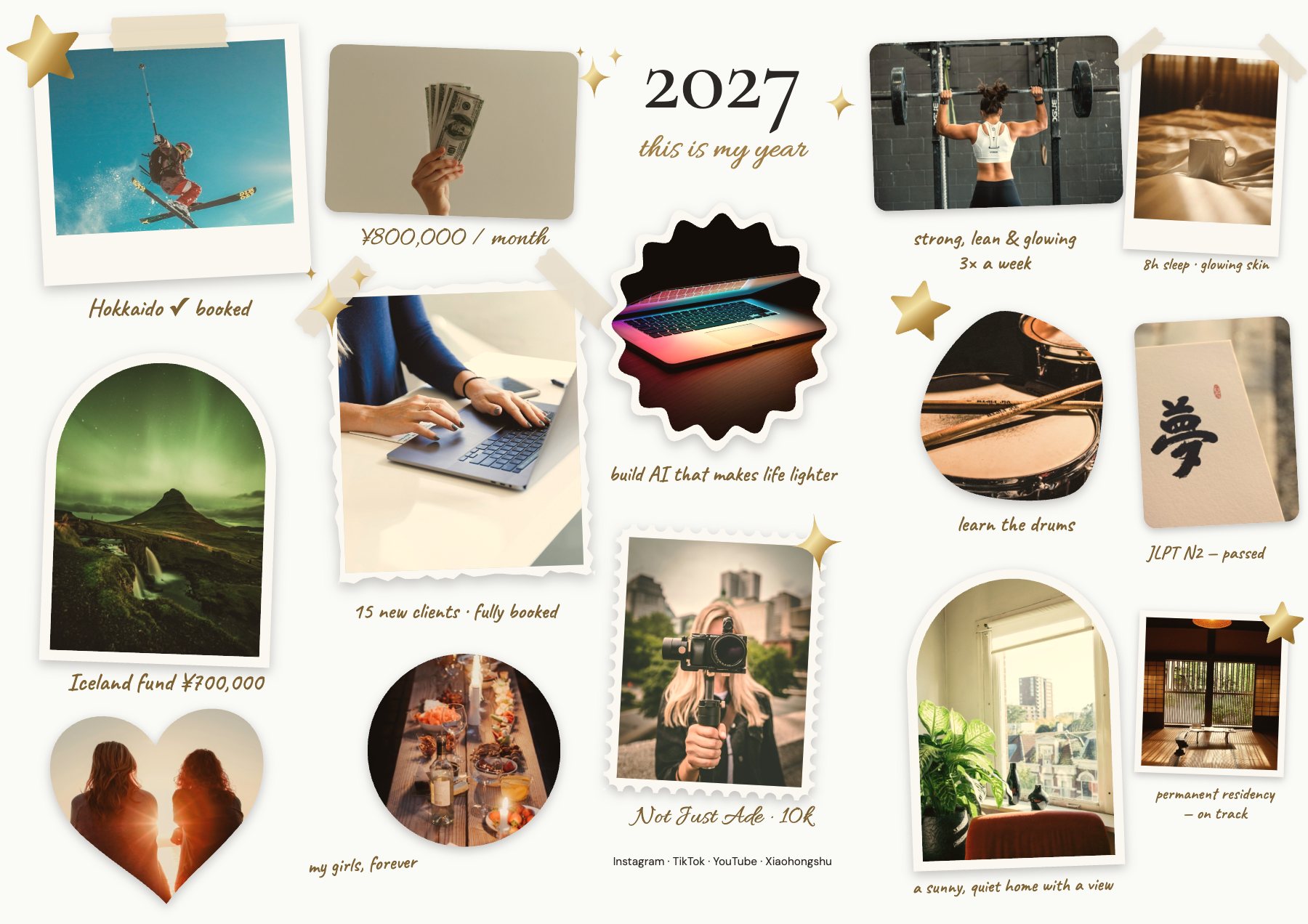 Ade’s 2027 vision board: a skier for a booked Hokkaido trip, an Iceland fund, ¥800,000 a month, the gym three times a week, learning the drums, JLPT N2 passed and a sunny home, with gold sparkle stickers.