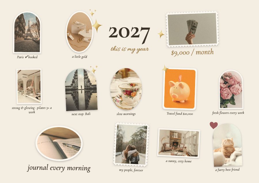 Cream Vintage vision board: cream paper, arches and stamps, film tone